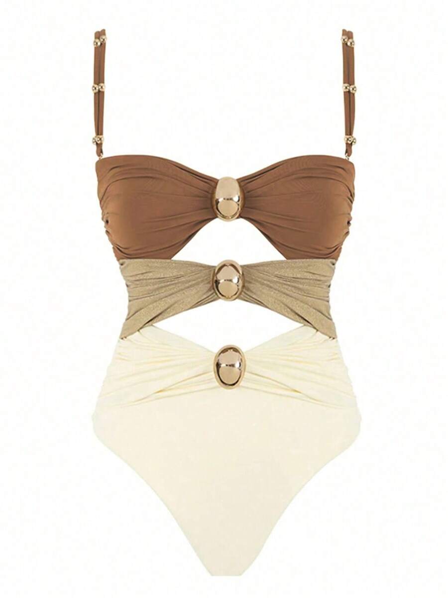 Polovedo Official Women's Colorblock Hollow-Out One-Piece Swimsuit - Brown - View 1