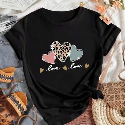COOL SUMMER Heart &amp; Love Print Crew Neck T-Shirt, Casual Short Sleeve T-Shirt For Spring &amp; Summer, Women's Clothing