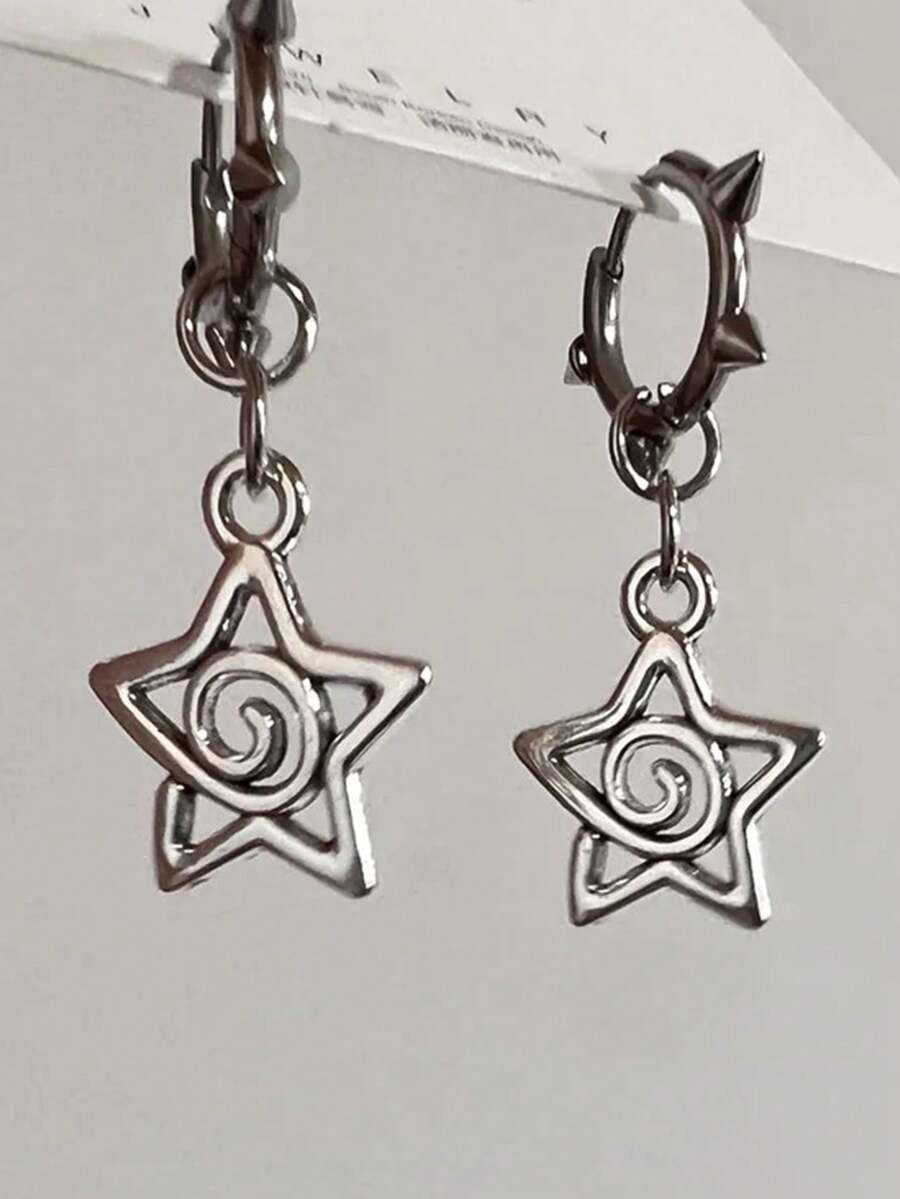 1pc Gothic Punk Style Rivet Swirl Star Earrings, Fashionable Cute Earrings For Women - Silver - View 1