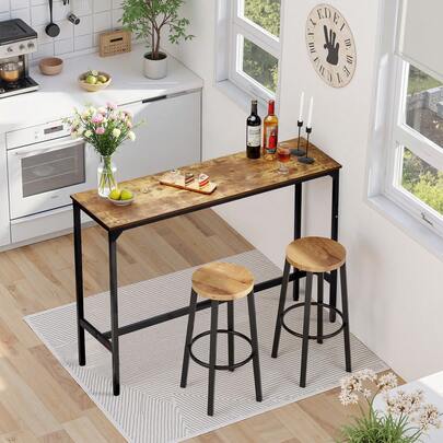 Bar Table, Sturdy Metal Frame High Top Pub Table, Narrow Long Kitchen Dining, Cocktail Counter Bar Height Desk, Easy To Assemble, 55x15x39 In, For Living Room Party, Rustic Brown And Black