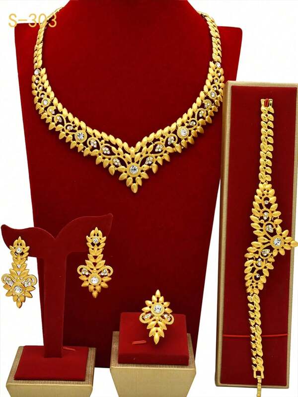 1 set de bijoux en or avec strass pour femmes, 4 pièces comprenant un collier, des boucles d'oreilles, un bracelet et une bague. Style moyen-oriental, dubai, européen et africain. Idéal pour les mariages, les fêtes et le port quotidien. Cadeau pour la fête des mères, anniversaire ou autres occasions