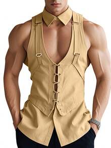 INCERUN Men Button V-Neck Sleeveless Lace Up Slim Blouse Summer Holiday Party Casual Tank Tops Plain Shirt - 卡其色 - 查看 2