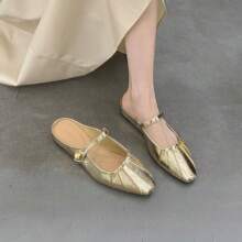 Square-Toed Pleated Women's Flat Single Shoes, Insoled Height-Increasing Single Shoes, Closed-Toe Half Slippers