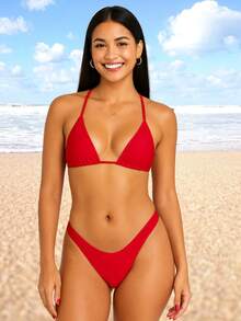 Sexy Neon Green Tie-Up Beach Bikini Set - Red - View 1