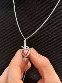 2pcs/Set Elegant Luxury Red Heart & Sword Couple Necklace, Stainless Steel Chain With Sparkling Cubic Zirconia Pendant, Suitable As Gift For Women & Men