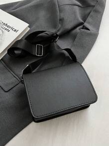 时尚羊毛翻盖方形女士单肩包，经典纯色绗缝斜挎口红收纳包复古新款 PU 皮革化妆品单肩包方形钱包配有可调节宽肩带手提包，适合户外 - 黑色 - 查看 5