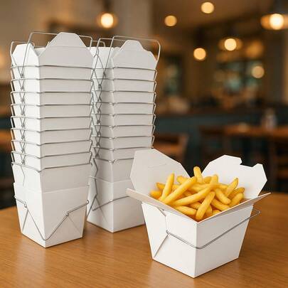 Paquete de 50 cajas de comida china para llevar de 16 oz con asa de alambre de metal, cajas de regalo de fiesta, contenedores de papel para comida caliente o fría.