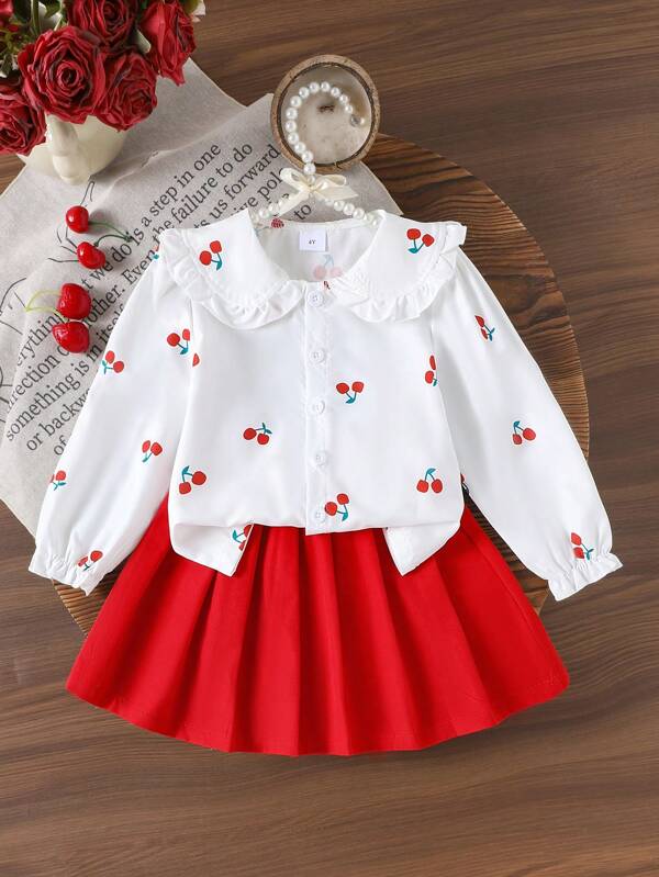 Conjunto de 2 piezas para niña joven con estampado de cereza, chaqueta con cuello Peter Pan y falda corta con dobladillo plisado, atuendo para primavera/otoño