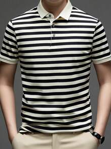 针织男士条纹Polo衫 - 时尚舒适 - 针织 - 黑色 - 查看 3