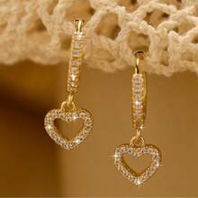 2pcs Vintage Heart Zirconia 16K Gold Hoop Earrings, Minimalist Sexy Style Pendant
