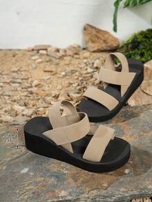 女士简约百搭高跟凉鞋，松紧带，舒适厚底，适合休闲、沙滩、度假、波西米亚、夏威夷风格 - 米色 - 查看 5