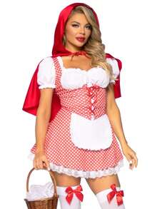 Women Halloween Miss Red Costumes Fairytale Short Puff Sleeve Plaid Print Short Mini Corset Dress With Hooded Cape 2pcs Cosplay Clothes For Adult - 紅色 - 查看 2