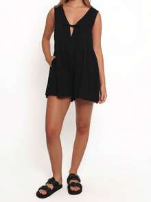 Women Tie Front Romper Dress Sleeveless V Neck Pleated Jumpsuit Shorts With Pockets Loose Summer Casual Playsuit - 黑色 - 查看 6
