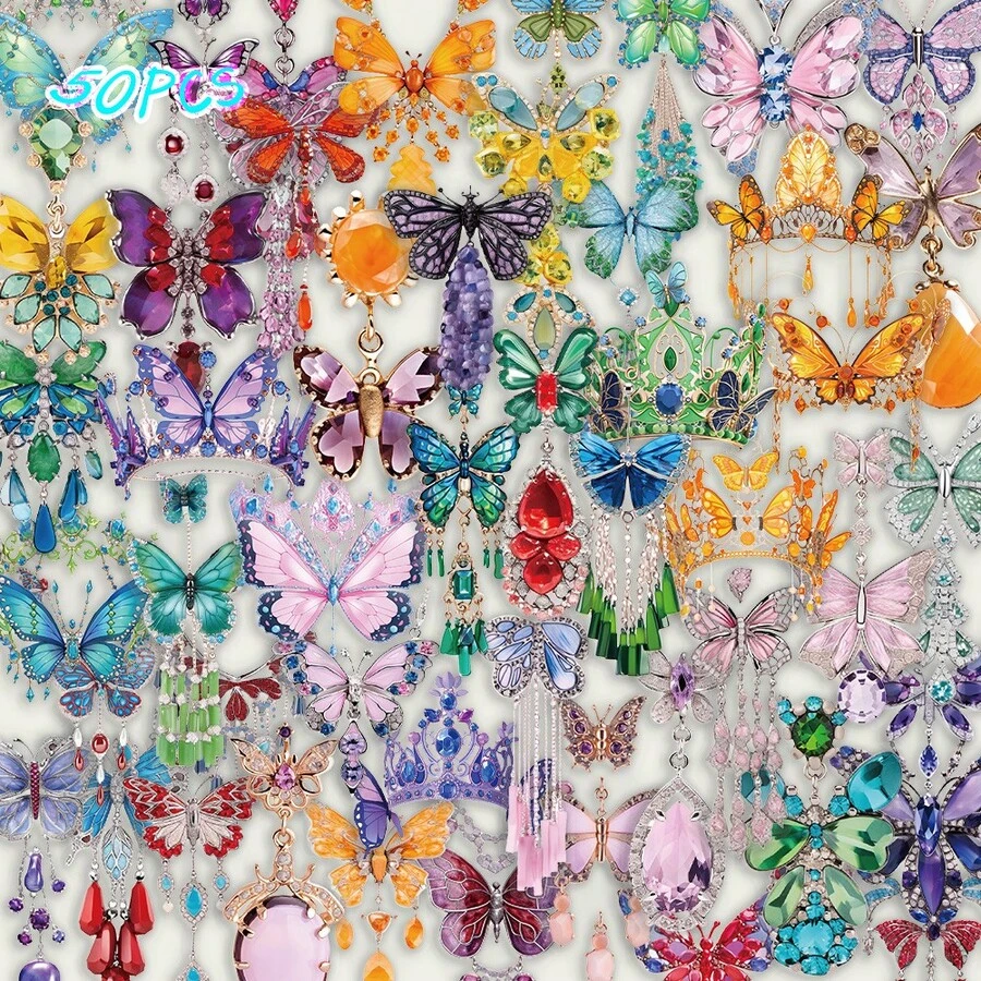 SCXXBSW 50 piezas Pegatinas de joyería con mariposas DIY decorativas para equipaje, guitarra, cuaderno, pegatinas creativas y divertidas de dibujos animados resistentes al agua - Multicolor - Ver 1
