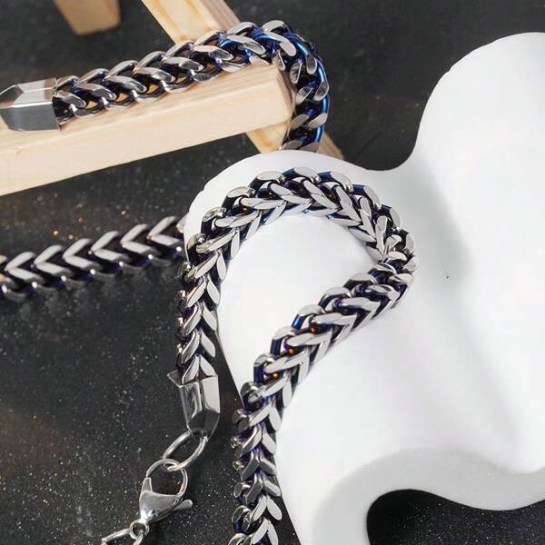 Vierseitiges poliertes, personalisiertes und ausgehöhltes Edelstahl Kubanisches Punk Armband, blau innen und Stahl außen, modisches Armband Accessoire