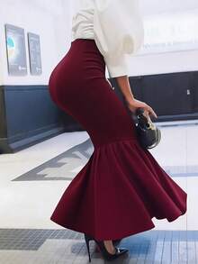 女士纯色优雅修身鱼尾裙，时尚百搭，适合日常穿着，也适合约会、新年等场合，秋季必备。 - 酒紅色 - 查看 7