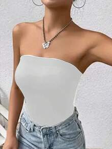 Black Knit Tube Top | Stretchy Fitted Strapless Essential Item, Contouring Silhouette, Versatile Layering Piece - White - View 3