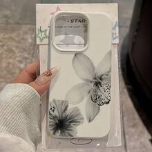 1pc White Lychee Texture Matte Simple Flower Pattern Phone Case, Cute Black & White Orchid Design, Compatible With IPhone 16 Pro Max/15/14 Plus/13/12/11 Waterproof Shockproof Anti-Fall Scratch Resistant,International Version, Not The Domestic Version - Multicolor - View 2
