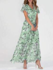 New Beach Flared Long Dress Chiffon Floral Short Sleeve Ruffle V-Neck Fashion Waist-Cinching Dress - Light Blue - View 7