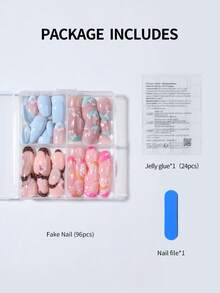 96片花朵美甲贴纸，4种混合图案，短椭圆形芙蓉花美甲贴纸，法式亚克力按压式美甲贴片，包含1瓶果冻胶和1把指甲锉。易于佩戴，适合夏季美甲、法式美甲、女士日常美甲、派对美甲用品。 - 彩色 - 查看 5