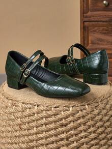 MonaNise 女士 3 厘米布质高跟鞋黑色玛丽珍厚底高跟鞋，时尚百搭 - 軍綠色 - 查看 3