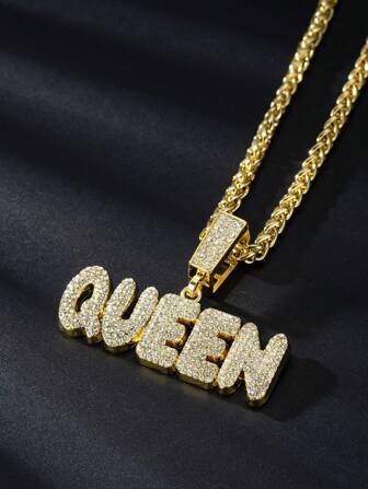 1pc Elegant Jewelry QUEEN Letter Rhinestone Pendant Necklace, Hip Hop Style Long Necklace