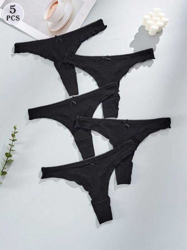 DORSU 5PcsWomen's Lace Thong - Sexy Cut-Out Side Panels, Breathable And Comfortable Striped Fabric, Multiple Pieces Of Black, Bow Detail - Stylish And Thoughtful Clothing