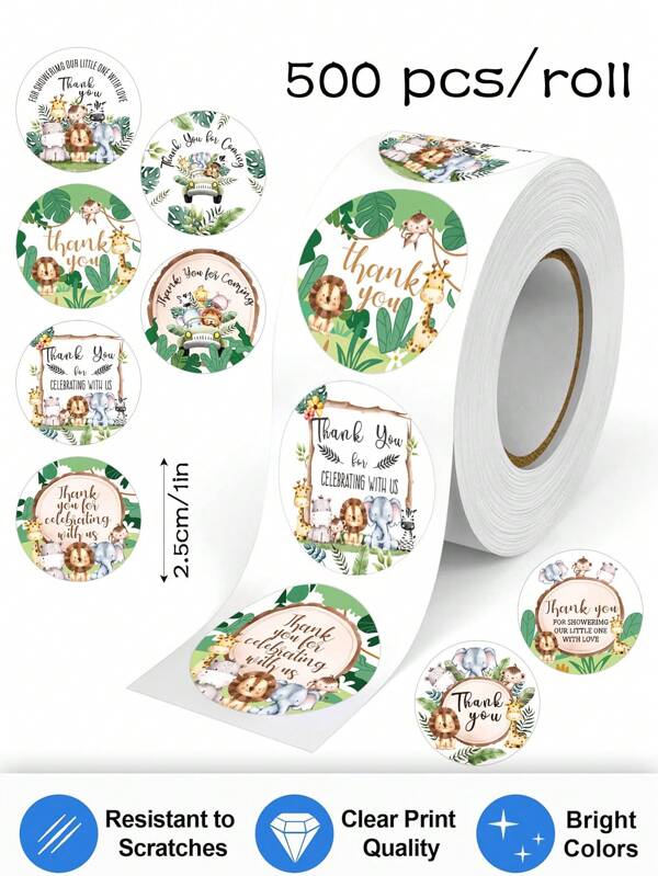 500pcs/Roll Cute Cartoon Sticker, Glossy Finish, Round Shape, Self-Adhesive, With Glitter, For Handmade Festival Decoration, Thank You Sealed Envelope Stickers