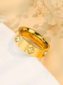 1 pieza Anillo con forma de corazón de acero inoxidable en color oro rosa/plateado con 3 piedras cúbicas de circonia, regalo de joyería para parejas/bodas