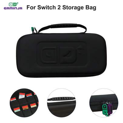 GAMINJA Estuche de almacenamiento de 2 para Nintendo Switch, bolsa de almacenamiento de accesorios para Nintendo Switch 2, material de PU, bolsillo interior incorporado + 10 ranuras para tarjetas, funda protectora impermeable para viajes y al aire libre