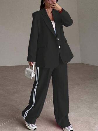 时尚优雅撞色白条纹女士西装套装