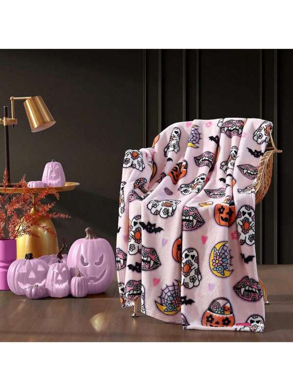 Halloween1pc Cute Pink Flannel Blanket, Printed With Pumpkins, Ghosts, Bats, Candy, Fanged Lips, Flowers, Hearts, Throw Blankets, Blanket For Bed, Tapestry, Suitable For Home Decor, Bedroom Decor, Room Decoration Stuff, Living Room Decor, Picnic Blanket, Best Friend Gifts, Bed,Birthday Present.