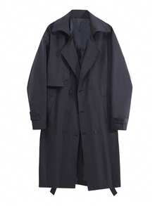 男士长款风衣，简约设计，配腰带，秋季 - 黑色 - 查看 4