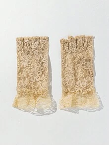 1双时尚优雅花卉蕾丝露指手套 - 黃色-1716 - 查看 3