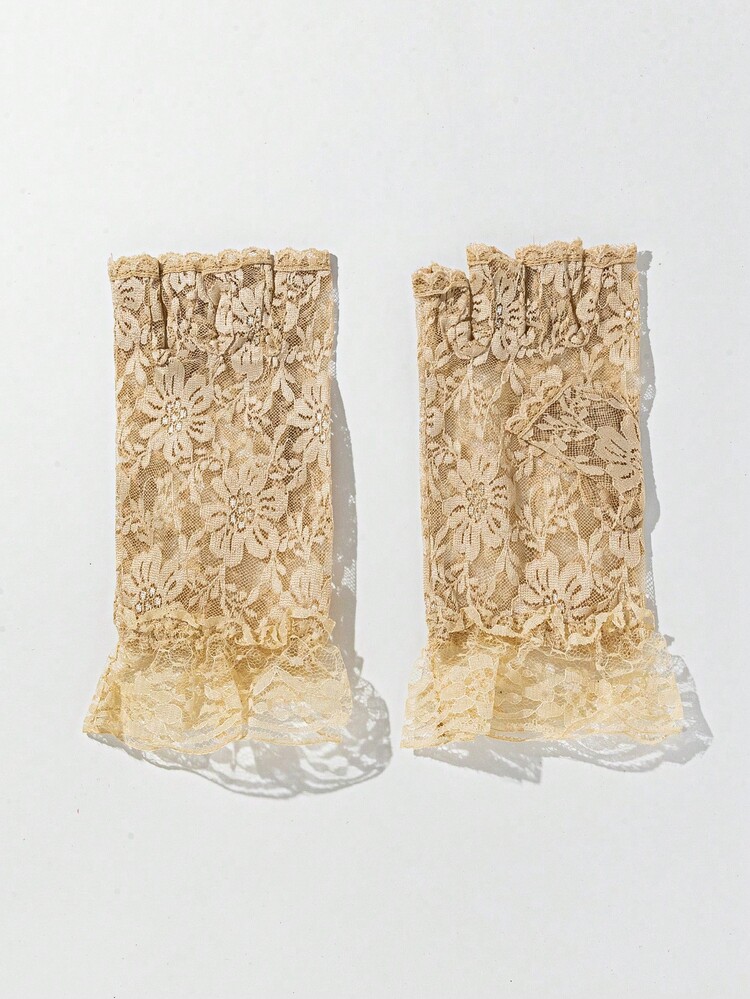 1双时尚优雅花卉蕾丝露指手套 - 黃色-1716 - 查看 2