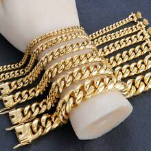 1pc 6mm/8mm/10mm/12mm/11mm/13mm Wide Stainless Steel Shiny Chain 18K Gold Color Hip Hop Style Nightclub Rock Thick Vintage Cuban Link Punk Bracelet, Great Birthday Gift For Men - Gold - View 9