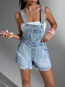Jeanoix 女式口袋做旧休闲牛仔背带短裤 - 淺色水洗藍 - 查看 7