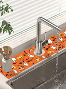 1pc 10*38cm (3.93*14.96inch) Halloween Decorative Sink Mat, Pumpkin & Ghost Print Kitchen Sink Countertop Protector Pad, Adding Holiday Atmosphere, Halloween Home Party Decor, Cute Orange BOO Theme - Multicolor - View 6
