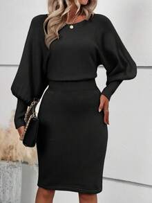 Women's Short Knitted Dress With Long Batwing Sleeves, Open Neckline, And Waist Fit. - Black - View 1