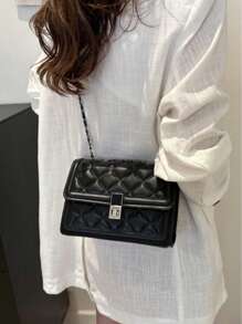 Fashionable Solid Color Quilted Square Chain Shoulder Bag, Multifunctional Flap Clutch Purse, New Lightweight Handbag/Wallet, Suitable For Office Workers And Students Daily Commute, Casual Phone Coin Purse - Black - View 4