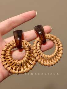 1 Pair Vintage Bamboo & Rattan Earrings, High-End Fashion Stud Earrings, Unique Beach-Style Jewelry