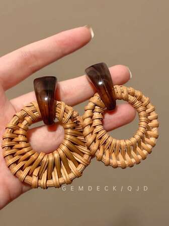 一对复古竹藤耳环，高端时尚耳钉，独特的海滩风格珠宝