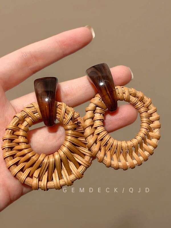 1 Pair Vintage Bamboo & Rattan Earrings, High-End Fashion Stud Earrings, Unique Beach-Style Jewelry