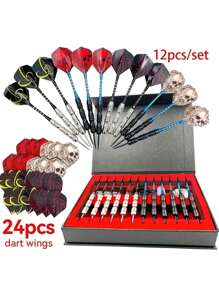 母亲节礼物 12 支飞镖豪华礼盒，含 24 支飞镖翼，铁尖配铝合金镖杆，骷髅飞镖翼，适用于室内俱乐部娱乐、体育比赛和休闲户外游戏 - 彩色 - 查看 2