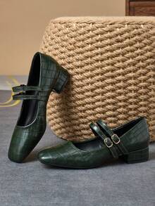 MonaNise 女士 3 厘米布质高跟鞋黑色玛丽珍厚底高跟鞋，时尚百搭 - 軍綠色 - 查看 2