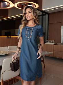 Women's Evangelical Dress Elegant Short Sleeve Jeans  Lyocell Embroidery - màu xanh đậm - Xem 1