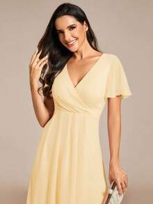 EVERPRETTY 优雅荷叶边撞色高低摆A字中长雪纺伴娘礼服、婚礼宾客礼服、秋季 - 黃色 - 查看 6