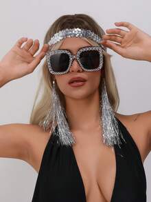 3pcs Disco Glitter Party Outfit Set: Sequin Headband + Rhinestone Sunglasses + Tassel Clip-On Earrings, Suitable For Cosplay, Halloween Party, And Daily Gatherings