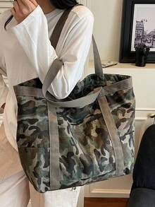 1 件女士迷彩绿色托特包，休闲大容量单肩包，多口袋帆布包，时尚购物袋，学院风大学生书包，适合日常通勤、短途旅行、露营，拉链开合，实用，可折叠 - 彩色 - 查看 14