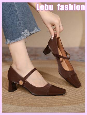 รองเท้าส้นสูงแฟชั่นผู้หญิง ส้นหนา ปลายเท้ารูปสี่เหลี่ยม สบาย ใส่ได้หลากโอกาส ส้นกลาง สไตล์เมรี่เจน สำหรับทำงาน ใส่ออฟฟิศ สีดำ สวยหรู